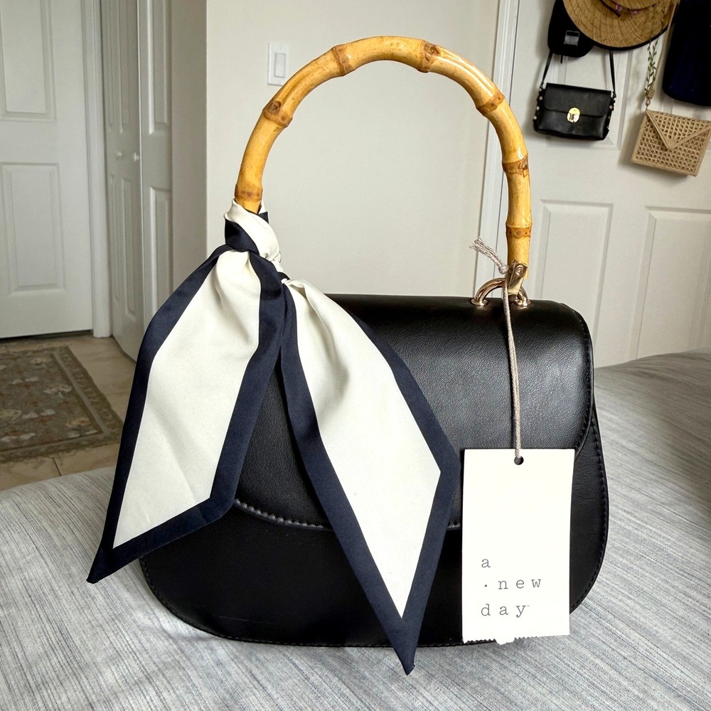 A New Day Black Satchel Handbag Womens Medium Bamboo Handle Scarf Detail NWT